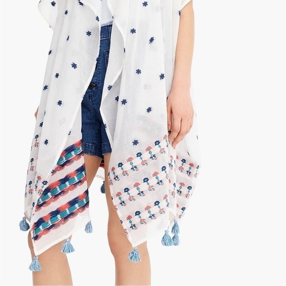 J. Crew Embroidered Beach Poncho Coastal Boho Open Front Kimono White Cover Up - Picture 2 of 10
